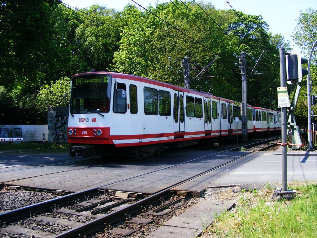 Eine Doppeltraktion aus Stadtbahnwagen B der Dortmunder Stadtwerke befhrt am 09.05.2008 den Bahnbergang an der  Schlo-Westhusener-Strae  in Westerfilde.