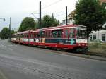 Eine Doppeltraktion aus Stadtbahnwagen B der Rheinbahn ist am 11.06.2004 am Rheinbahnhaus in Dsseldorf-Oberkasseler unterwegs.