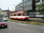 Eine Doppeltraktion aus Stadtbahnwagen B der ersten Generation der KVB ist am 14.06.2004 am Barbarossaplatz in Kln unterwegs.