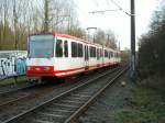 Ein Stadtbahnwagen B der Dortmunder Stadtwerke ist am 05.02.2005 zwischen Huckarde und Obernette unterwegs.